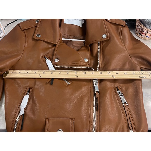 Rebecca Minkoff Cognac Brown Vegan Faux Leather Moto‎ Jacket Biker Zip Up Small - Picture 13 of 13
